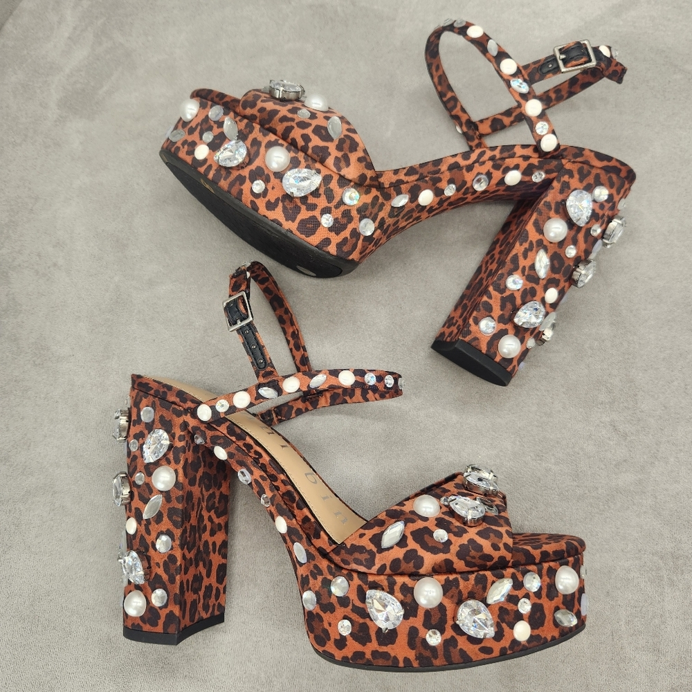 Gianni Bini Platform Sandals 8 Brown Leopard Satin Calvan Two Jeweled New $150 - Picture 5 of 17